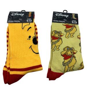Disney Winnie The Pooh Crew Socks 2‎ Pair Size 9-13 Red & Yellow Striped
